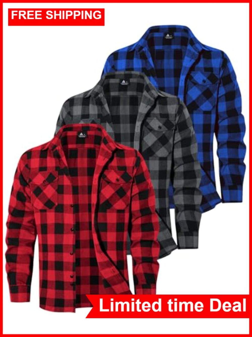Men's Long Sleeve Plaid Button Down Shirt 3-Pack Cotton Blend